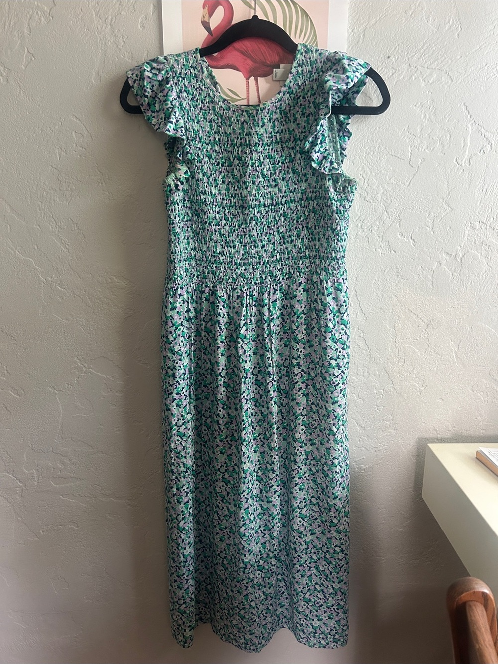 A New Day Mint Green Floral Smocked Maxi Dress w/ pockets